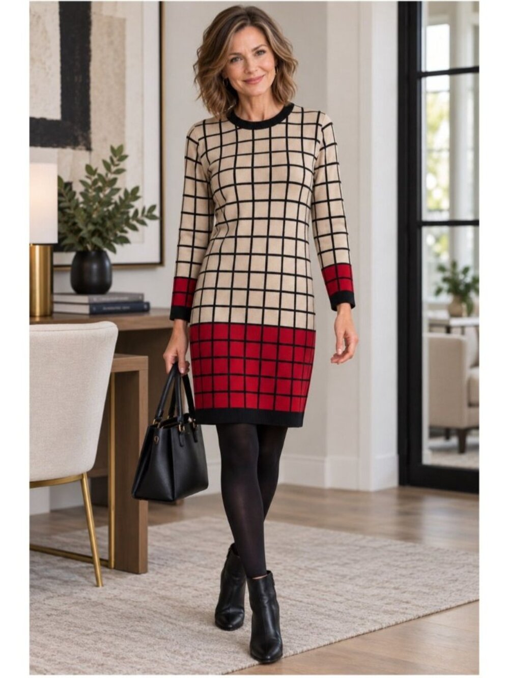 J Howard Sweater Dress S Red Black Tan Windowpane Grid Colorblock Knit Retro